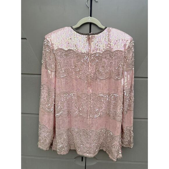 Vintage Talbots Joan Leslie Womens Pink All Over Sequin Beaded Silk Blouse Sz L - Picture 7 of 9